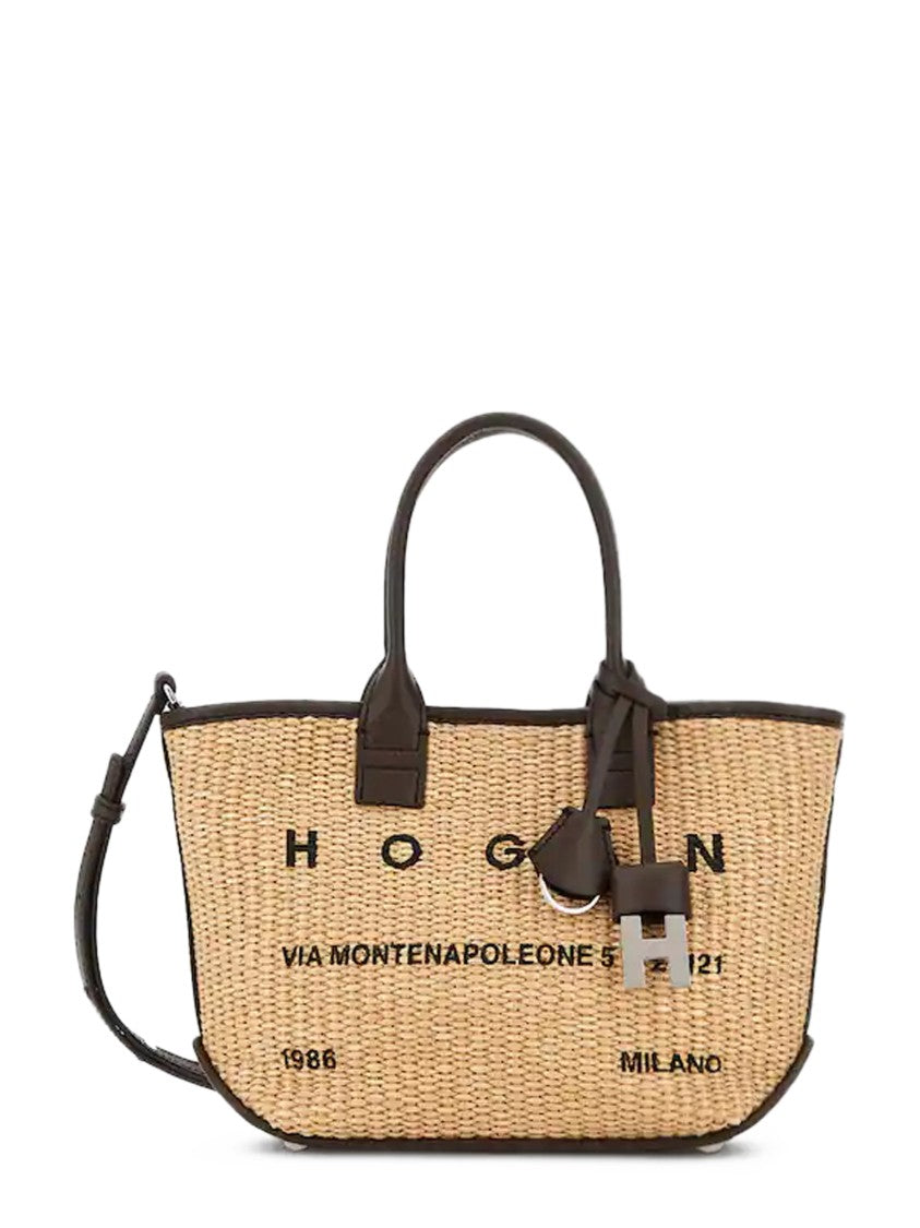 Hogan Mini Raffia Shopping Tote With Leather Accents