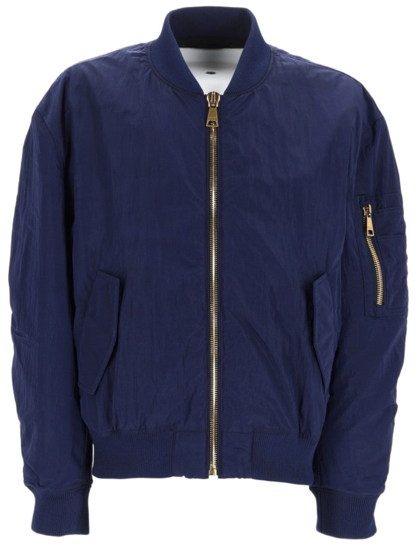Balmain Navy Blue Recycled Polyamide Bomber Jacket With Embroidered Logo