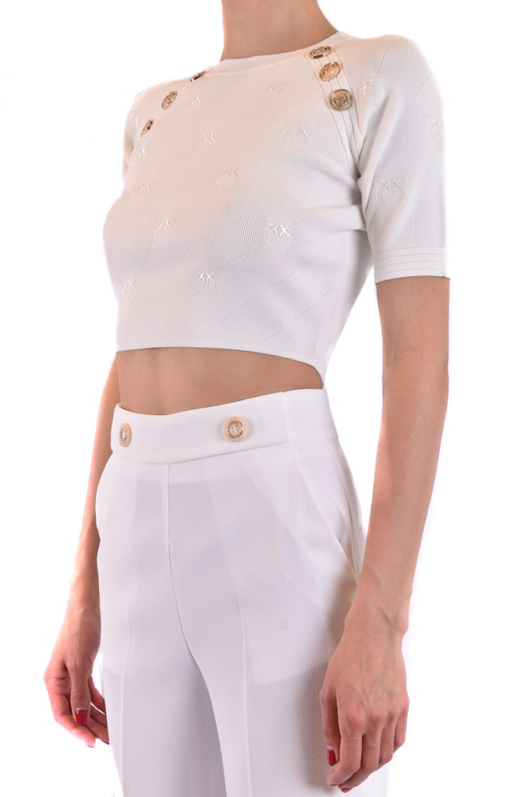 Pinko Cropped White Textured Gold Button Top