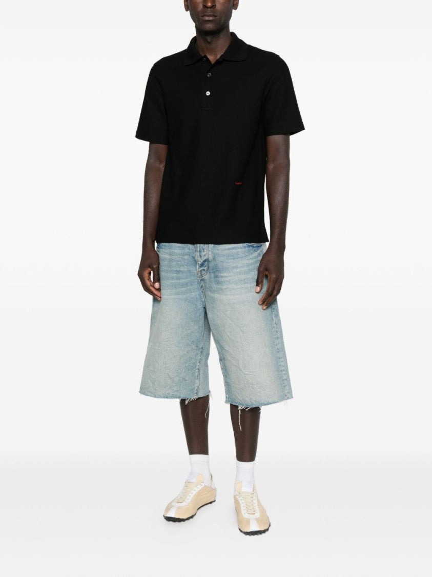 Lanvin Black Three-Button Embroidered Cotton Polo