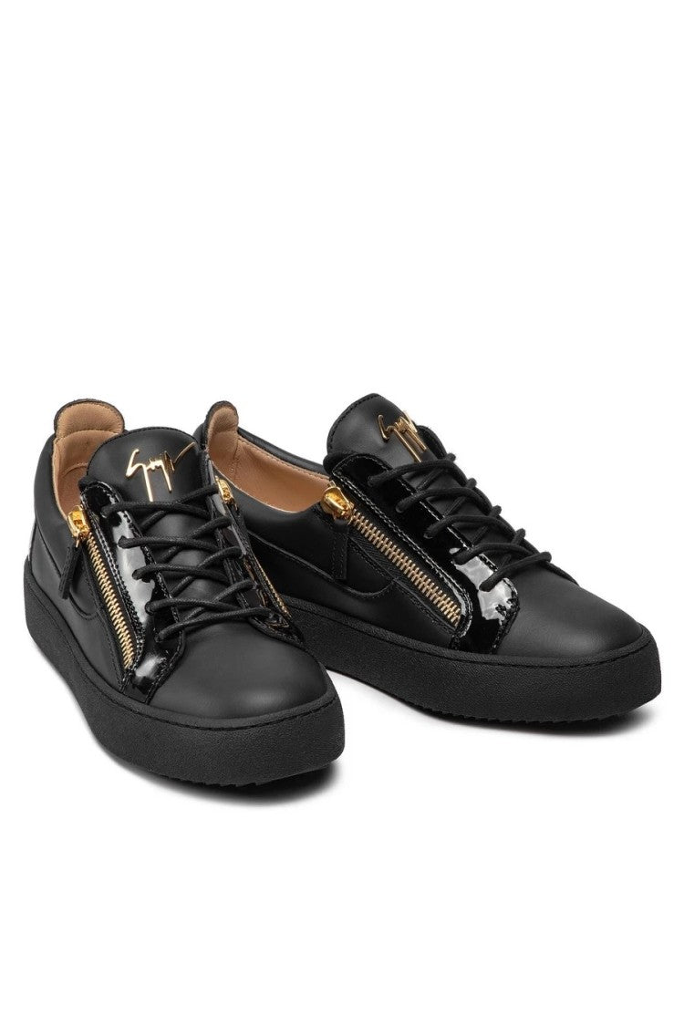 Giuseppe Zanotti Lace-Up Black Leather Sneakers Gold-Zipped Sides