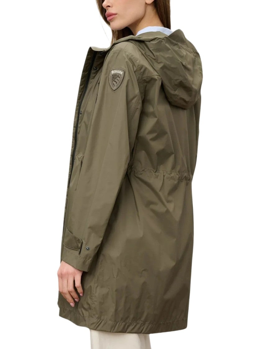 Blauer Long Green Impermeable Coat With Adjustable Features