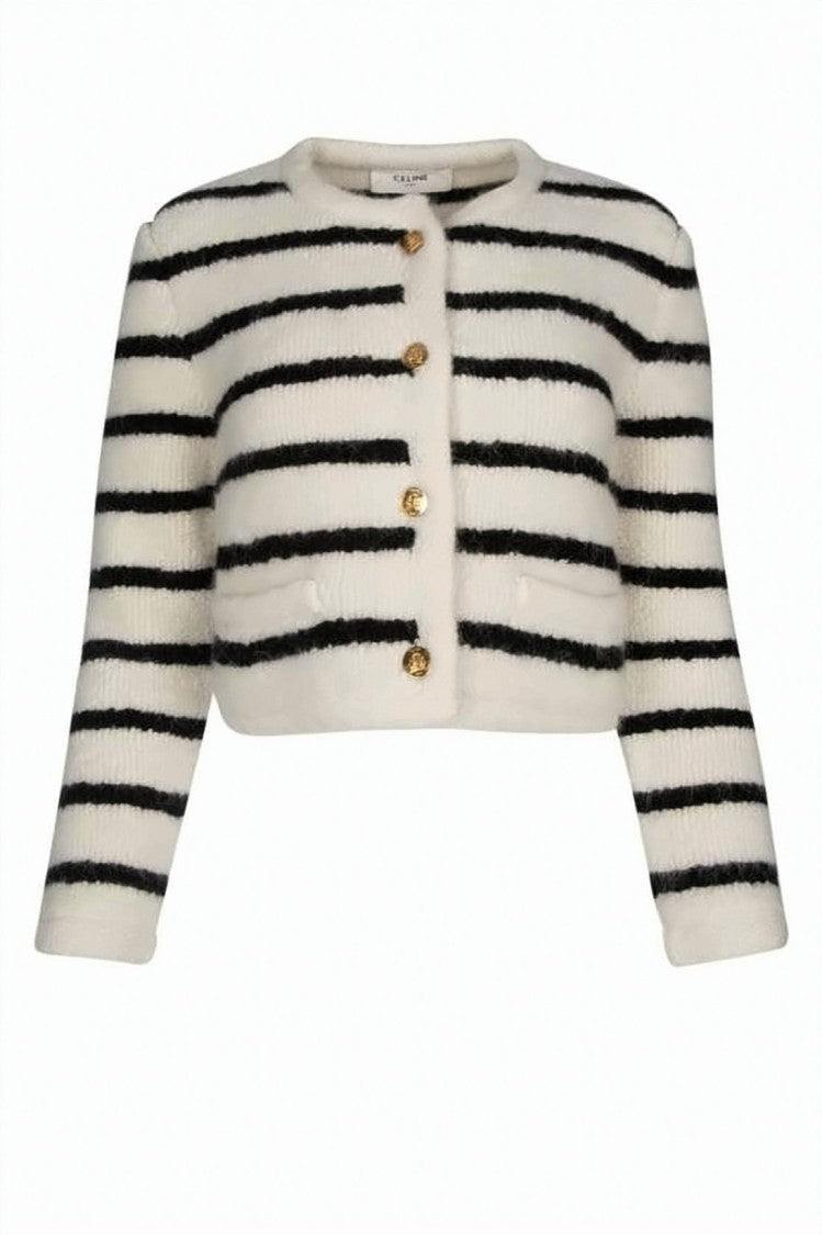 Celine Cropped Cardigan With Fuzzy Texture And Gold-Tone Buttons