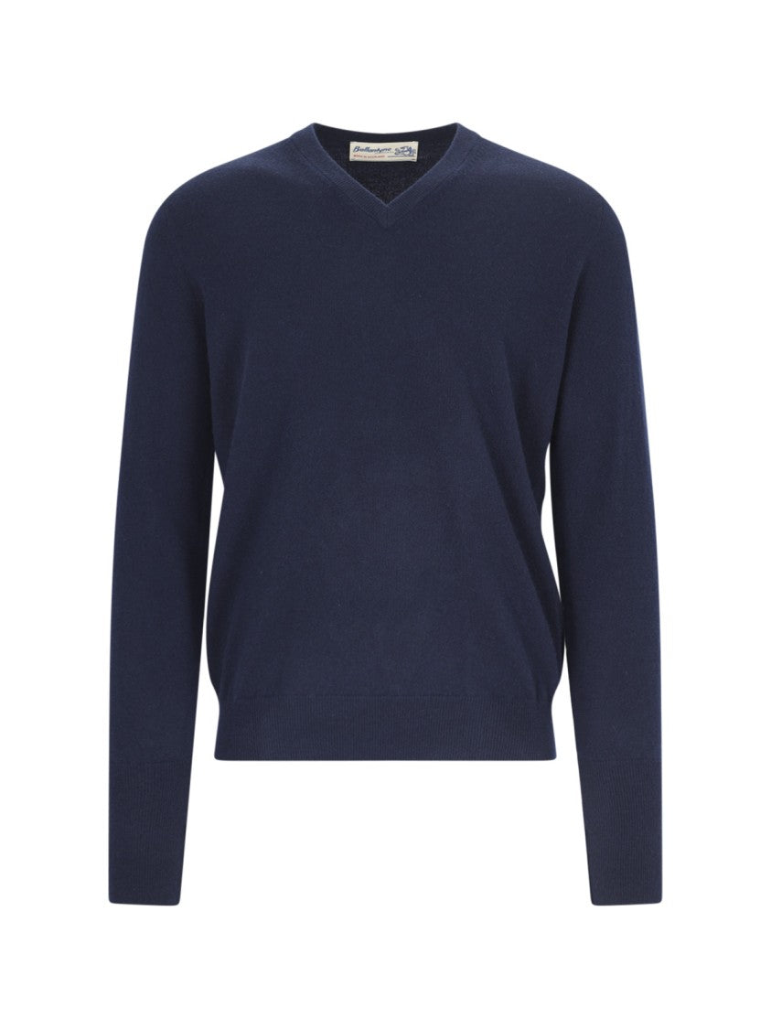 Ballantyne Navy Cashmere V-Neck Sweater With Ribbed Finishes