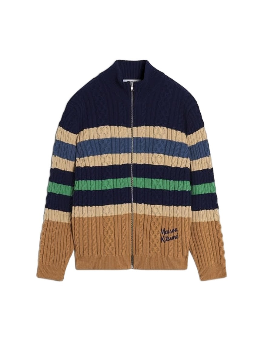Maison Kitsuné Textured Zip-Up Cardigan With Ribbed Detailing
