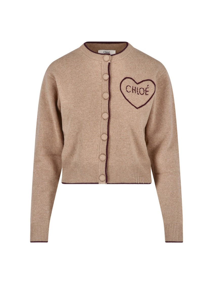 Chloé Button-Down Brown Wool And Cashmere Cardigan With Intarsia Logo