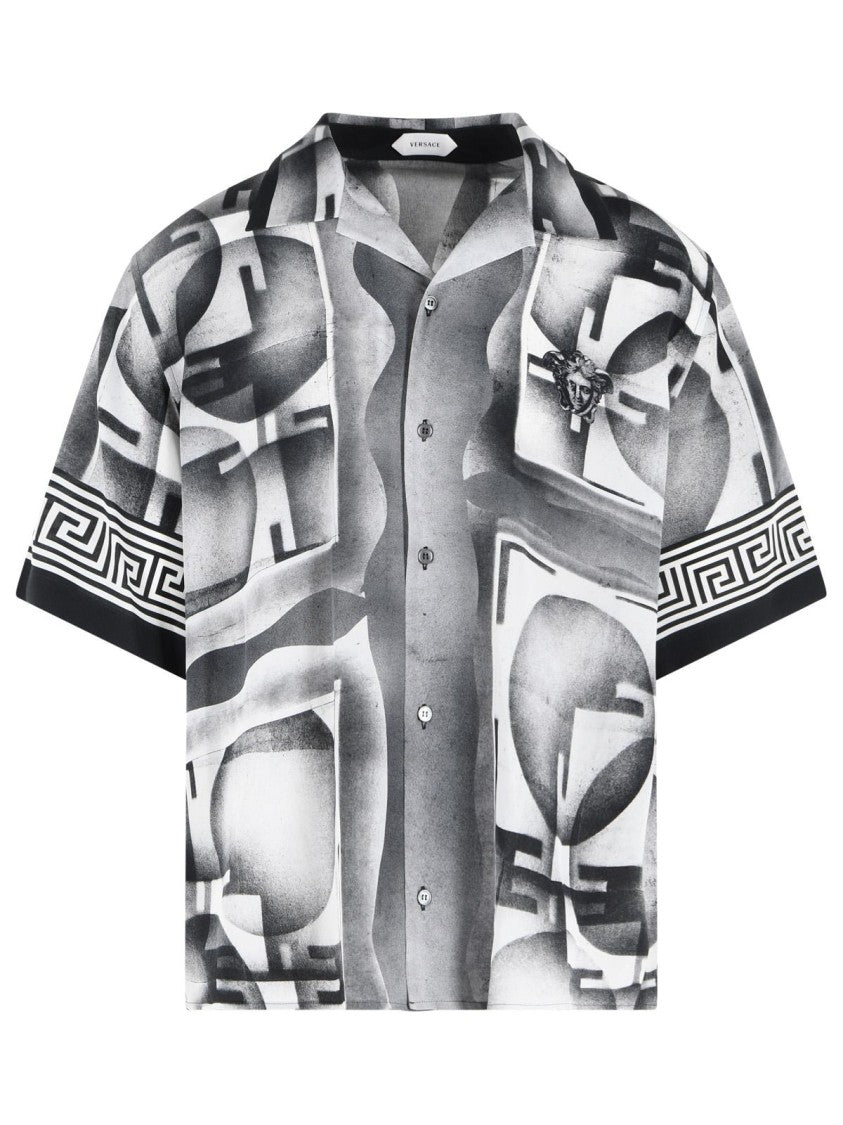 Versace Open Collar Black Silk Shirt With Geometric Print