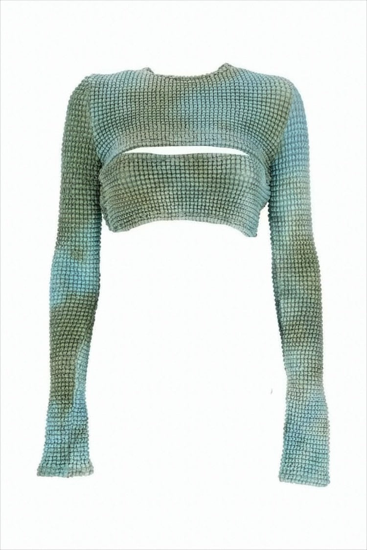Off-White Textured Waffle-Knit Long Sleeve Top With Gradient Effect