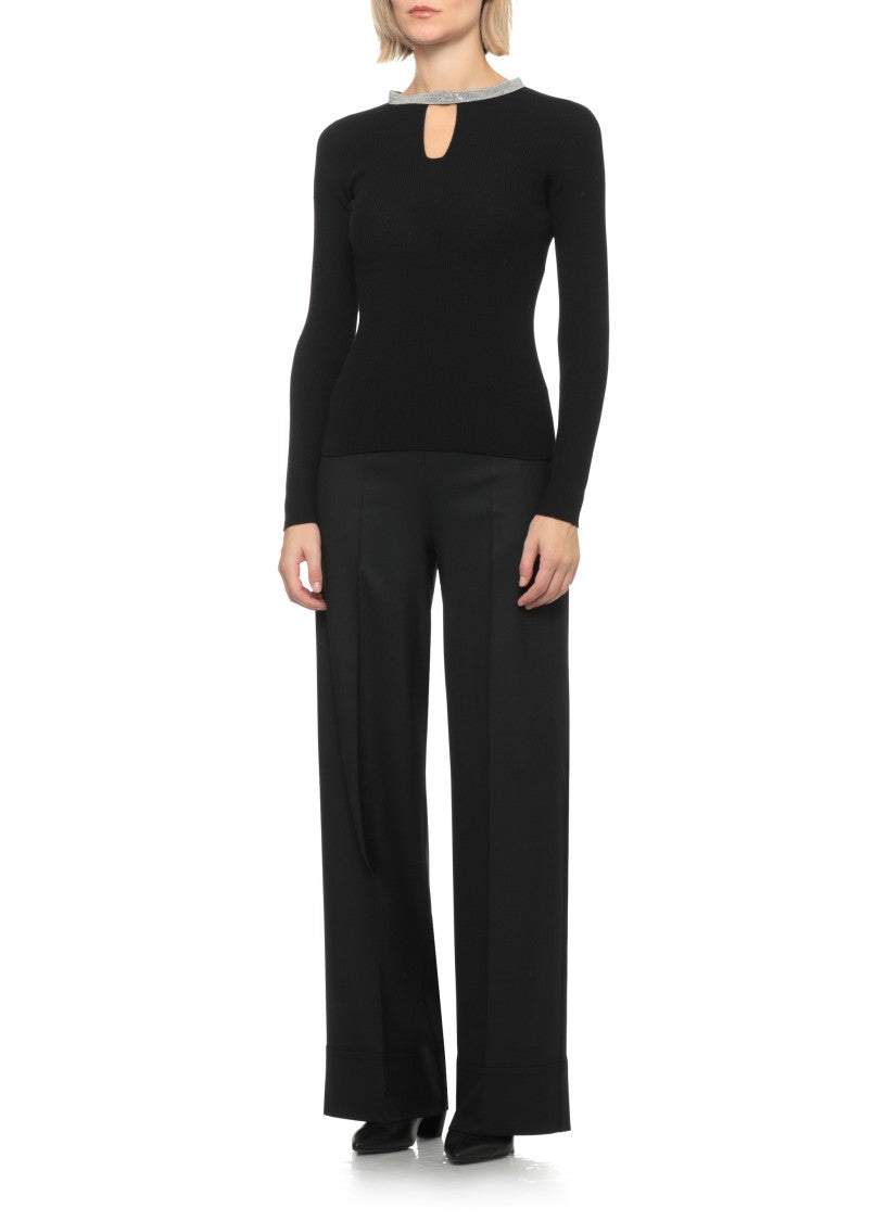 D. Exterior Black Ribbed Cut-Out Wool Turtleneck Sweater