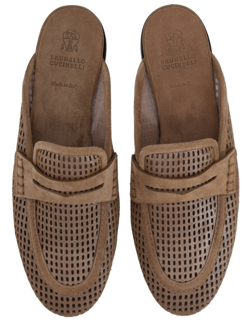 Brunello Cucinelli Sparkling Net Perforated Leather Mules
