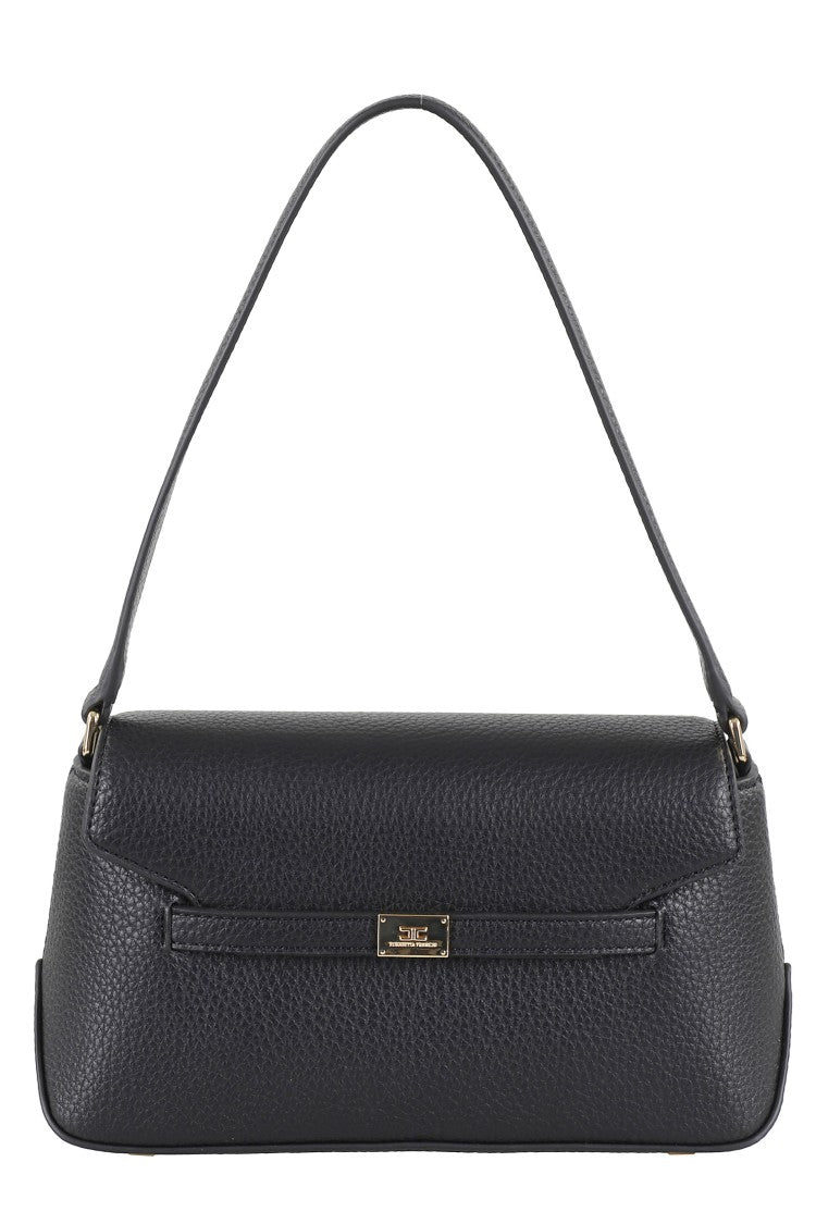 Elisabetta Franchi Textured Faux Leather Shoulder Bag With Logo Plaque