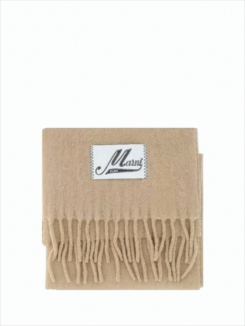 Marni Soft Rectangular Scarf With Fringed Edges And Logo Patch