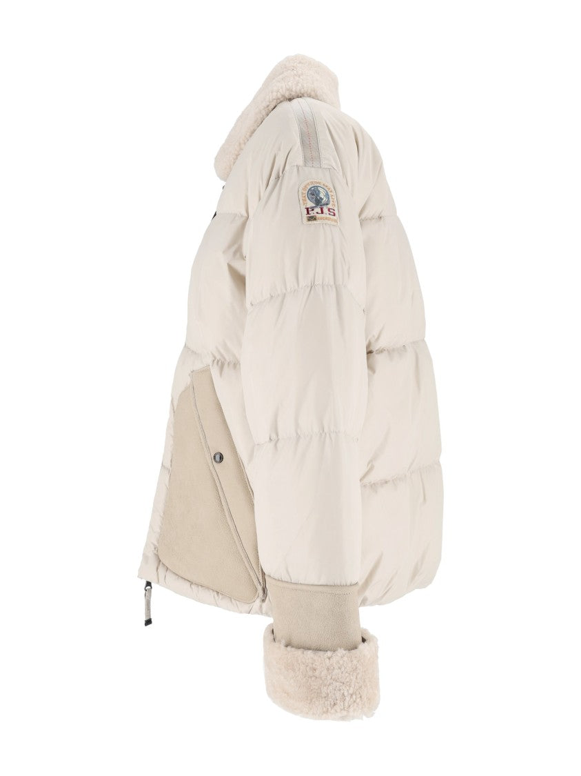 Parajumpers Asymmetrical Padded Down Jacket With Plush Shearling Accents