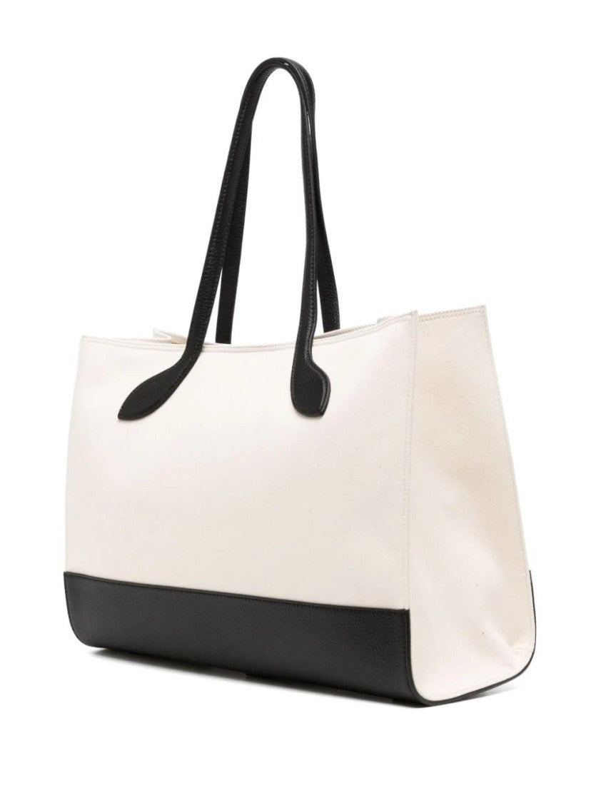 Bally Rectangular Beige Canvas Tote Bag With Black Leather Accents