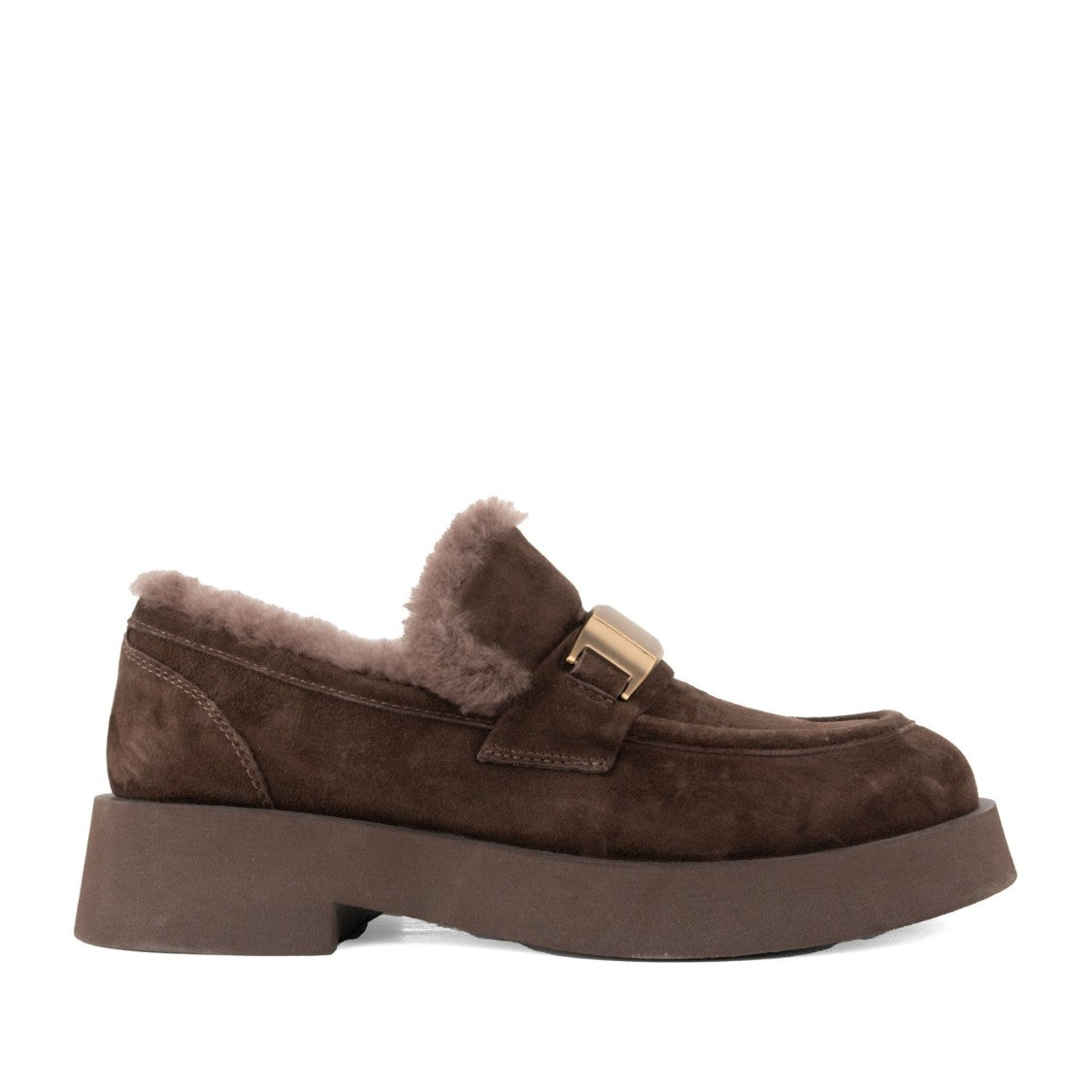 Sergio Moretti Brown Rich Fur-Lined Metallic Buckle Suede Loafers