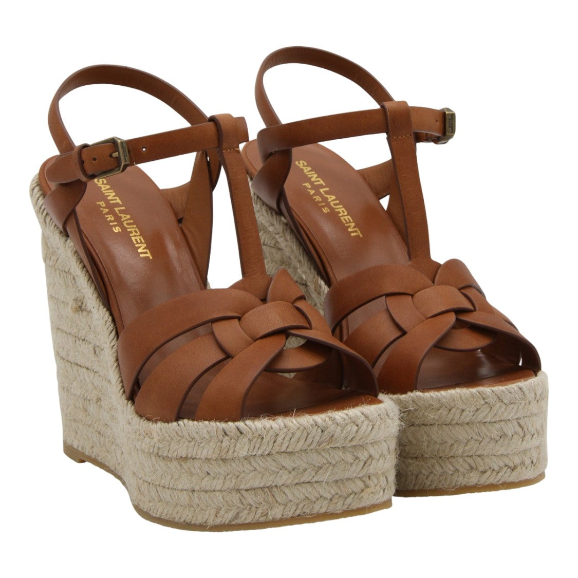Saint Laurent Braided Jute Wedge Sandals With T-Strap Design