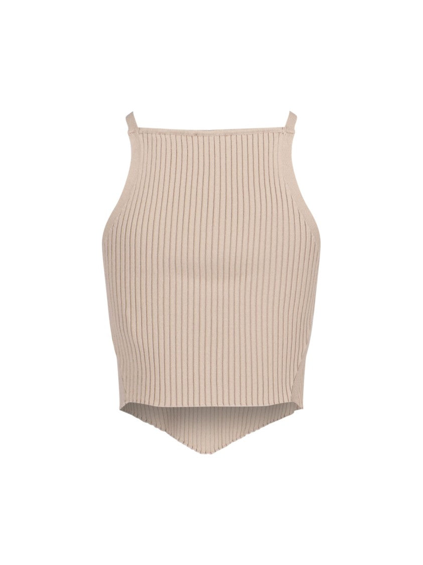 Courrèges Knitted Top, In Beige Fabric, Ribbed Knit