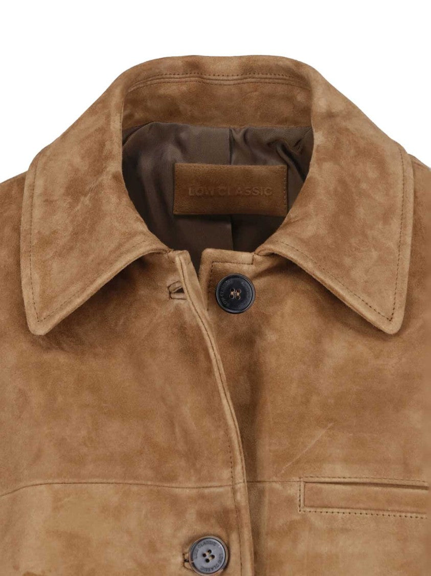 Low Classic Brown Classic-Collar Button-Up Suede Jacket