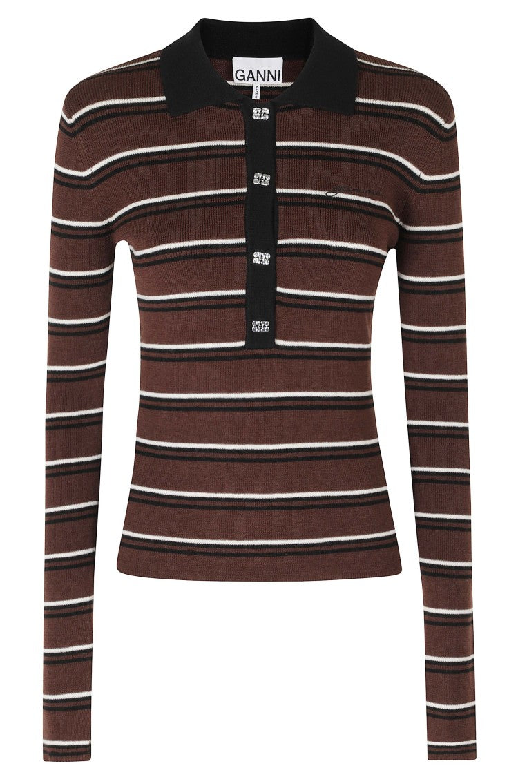 Ganni Mini Ribbed Striped Merino Wool Polo Shirt