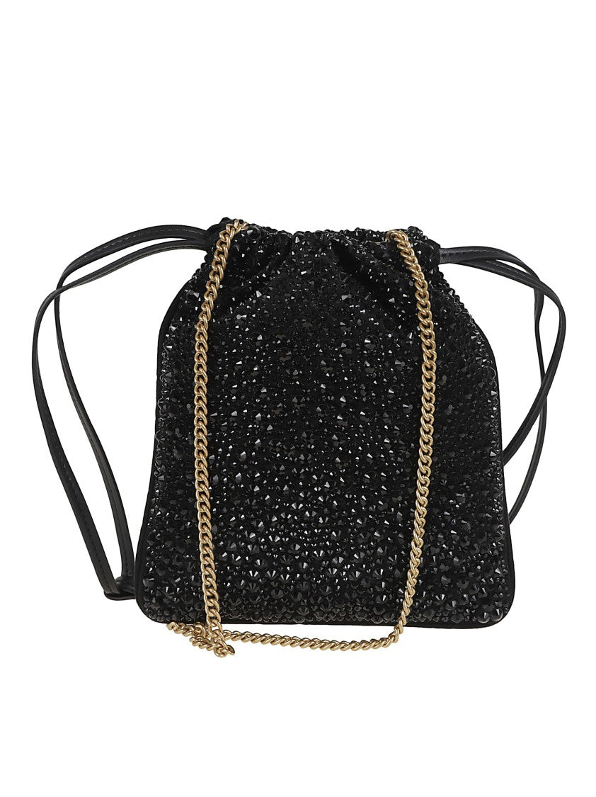 Pinko Black Slouchy Bag With Rhinestone Trim And Drawstring Closure