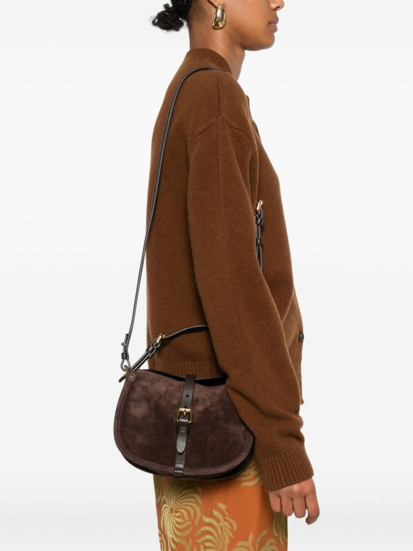 Etro Saddle-Shaped Dark Brown Suede Bag With Gold Accents
