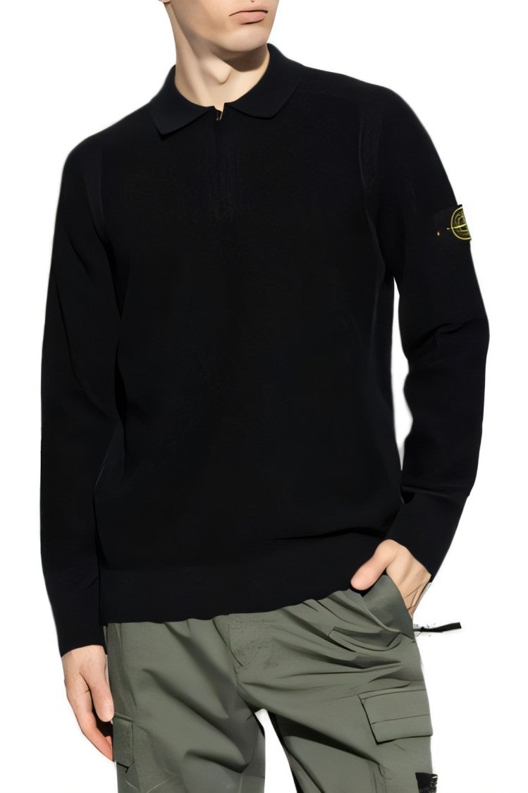 Stone Island Black Turtleneck With Zippered Collar And Ribbed Detailing