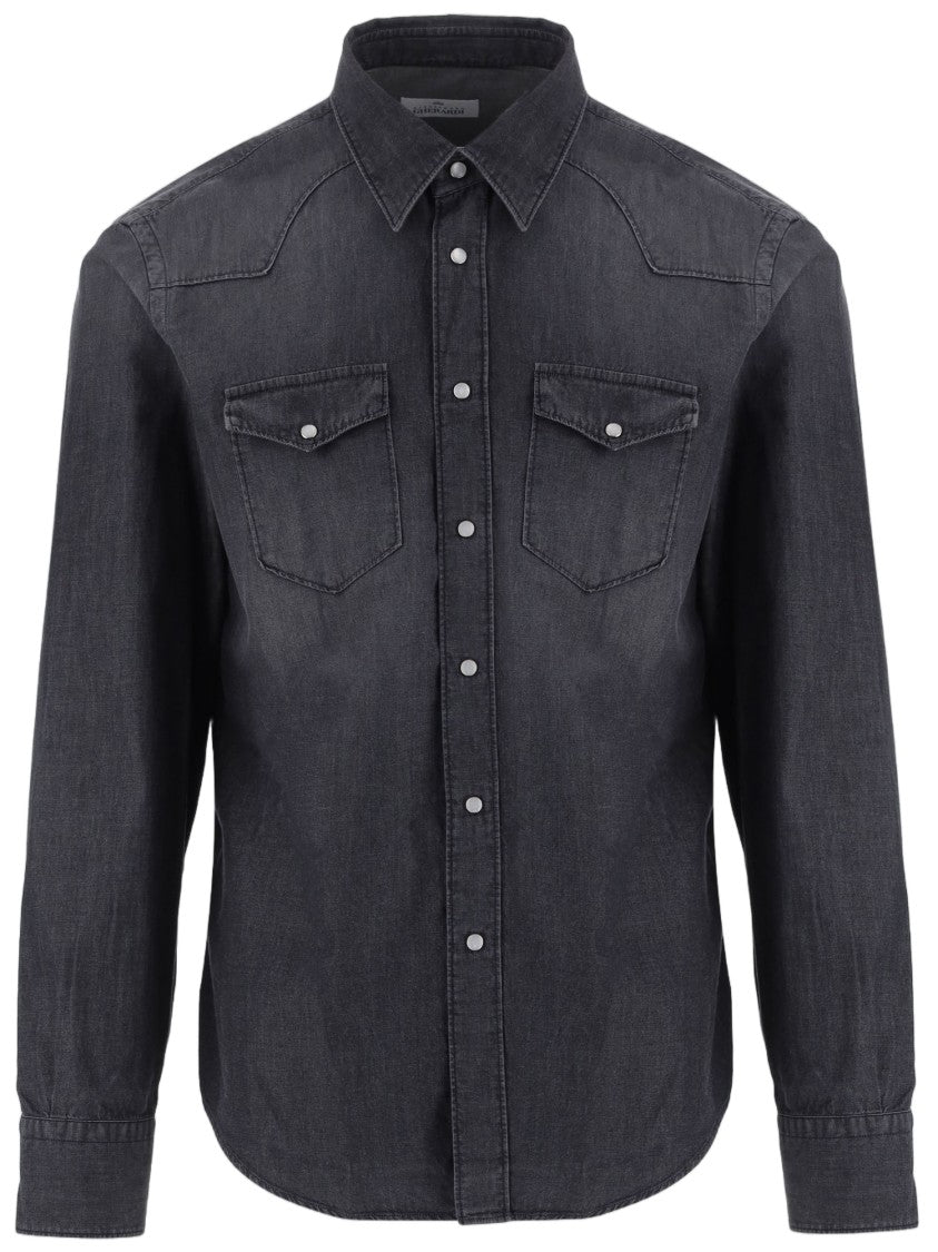 Gherardi Dark Gray Cotton Denim Patch Pockets Shirt