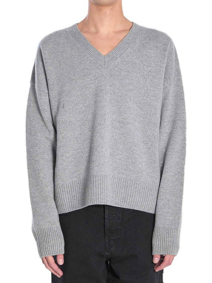 Ami V-Neck Ribbed Sweater With Embroidered Logo
