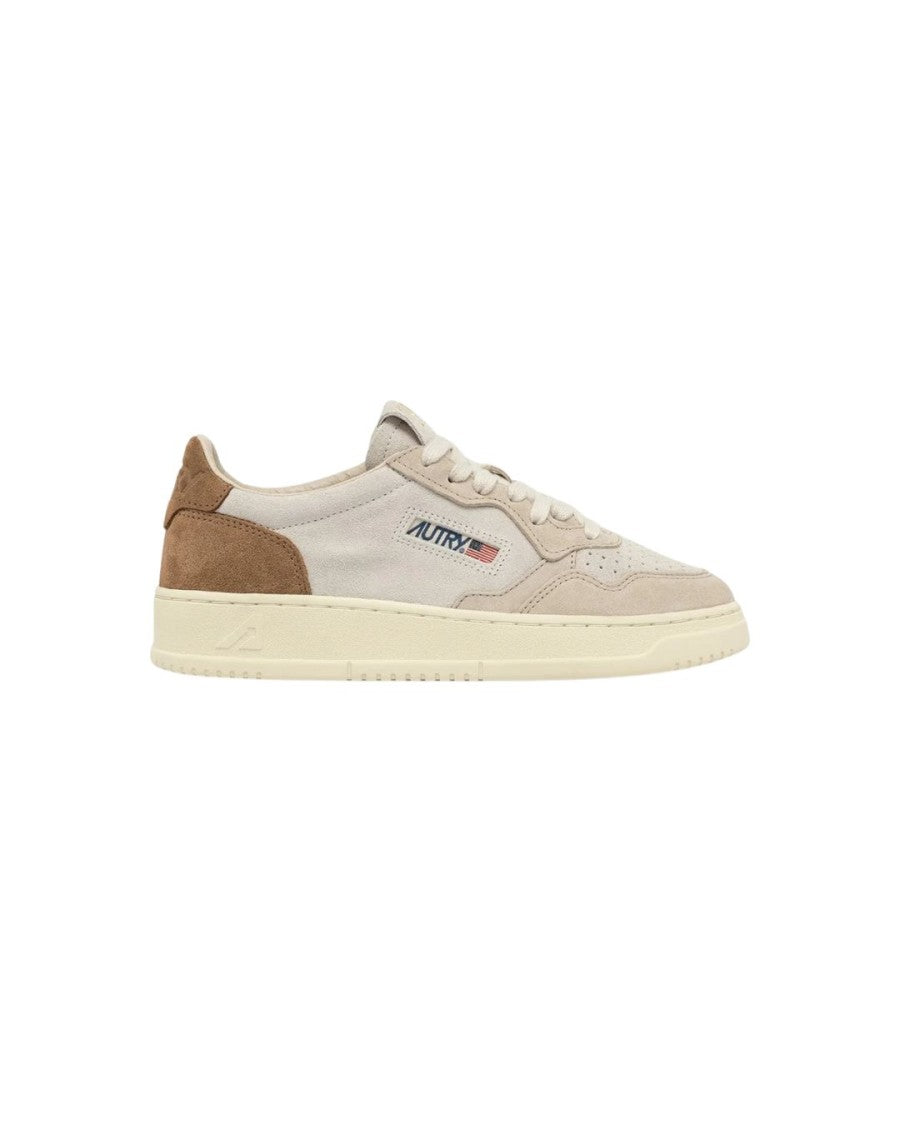 Autry Medalist Low Tricolor Sneakers In Sand And Cigar Suede