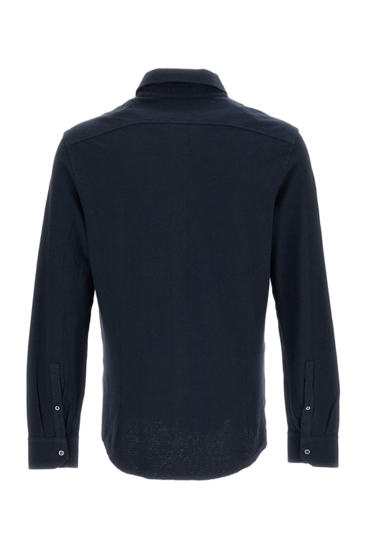 Drumohr Blue Cotton-Linen Spread Collar Casual Shirt