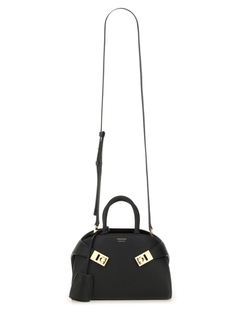 Ferragamo Curved Black Calf Leather Mini Handbag With Gold Accents