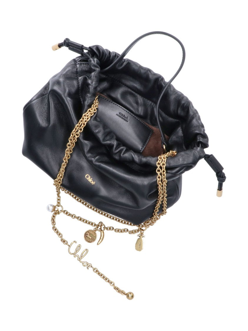 Chloé Gathered Black Leather Handbag With Gold-Tone Chain