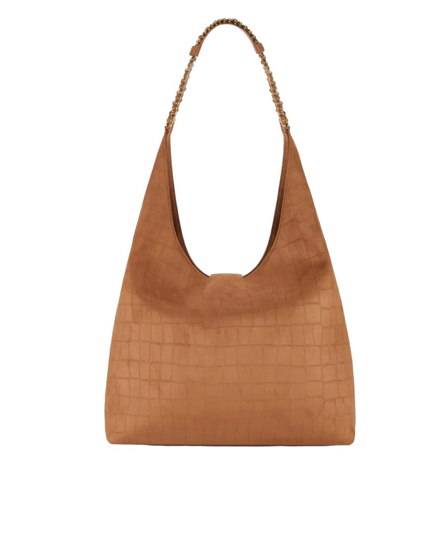 Elisabetta Franchi Brown Suede Hobo Bag With Crocodile Embossing And Chain Detail
