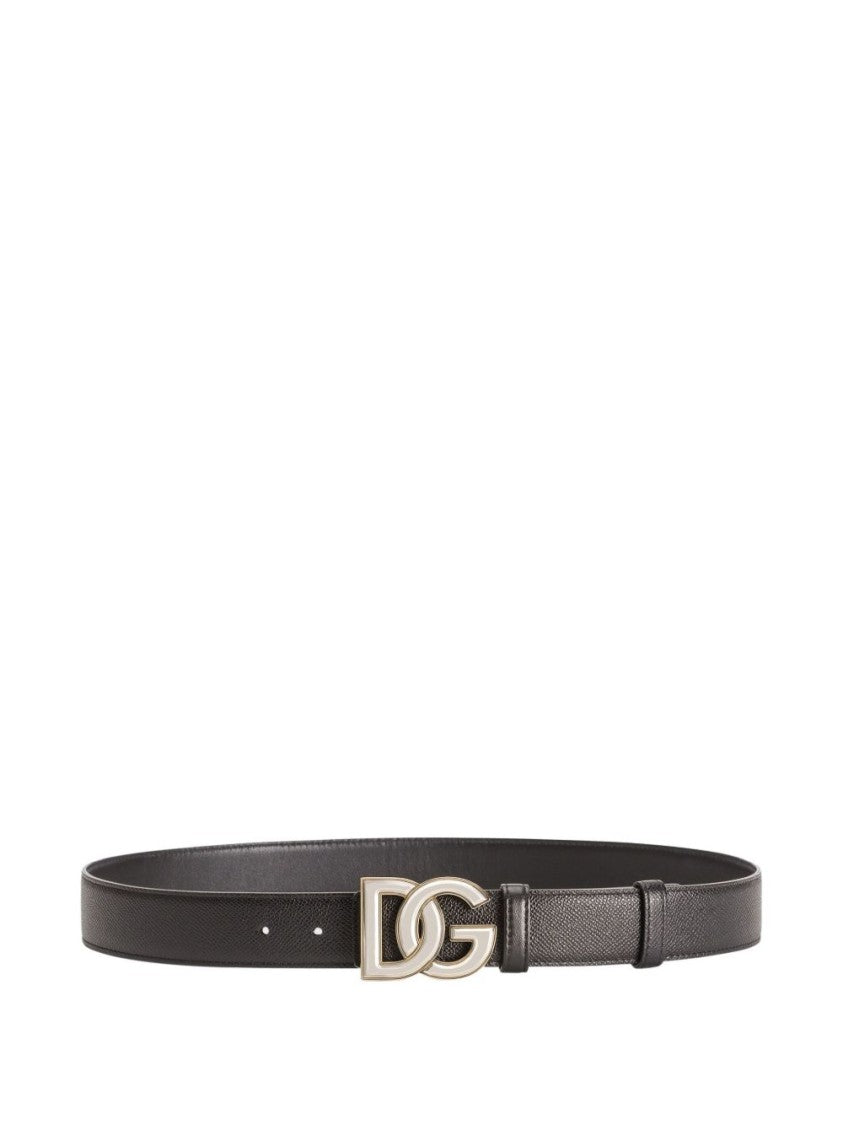 Dolce & Gabbana Black Textured Leather Logo Buckle Belt