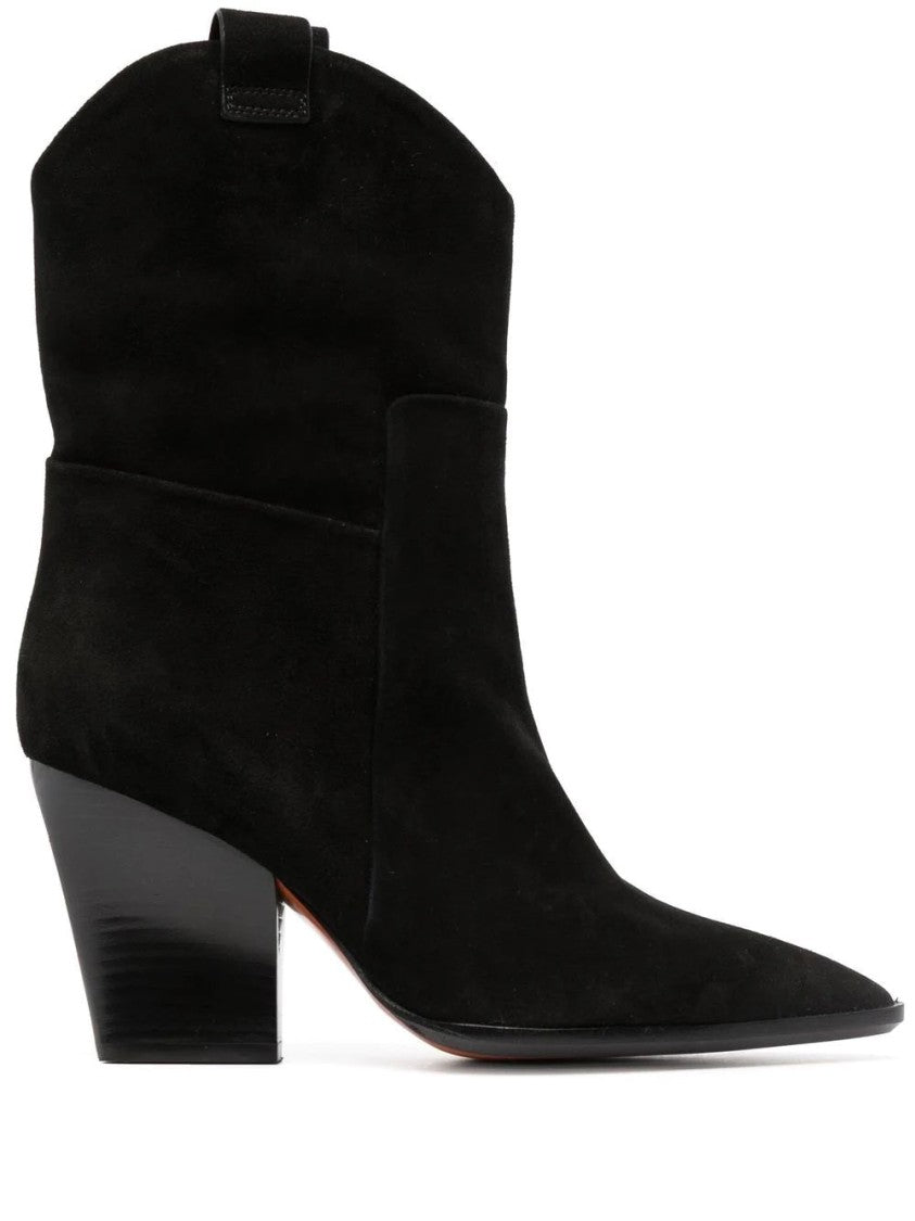 Santoni Pointed Toe Black Suede Ankle Boots With Curved Block Heel