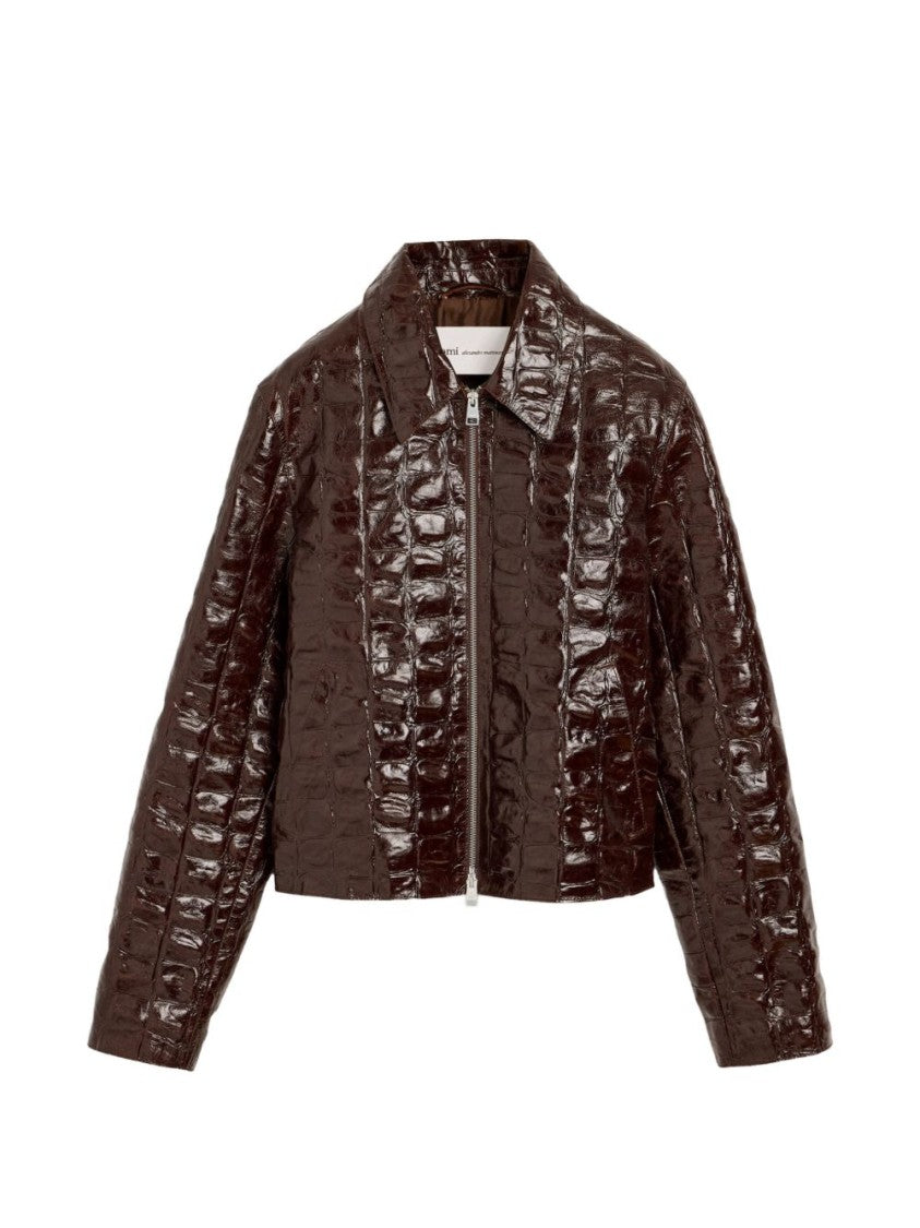 Ami Paris Cropped Textured Jacket With Glossy Crocodile Finish