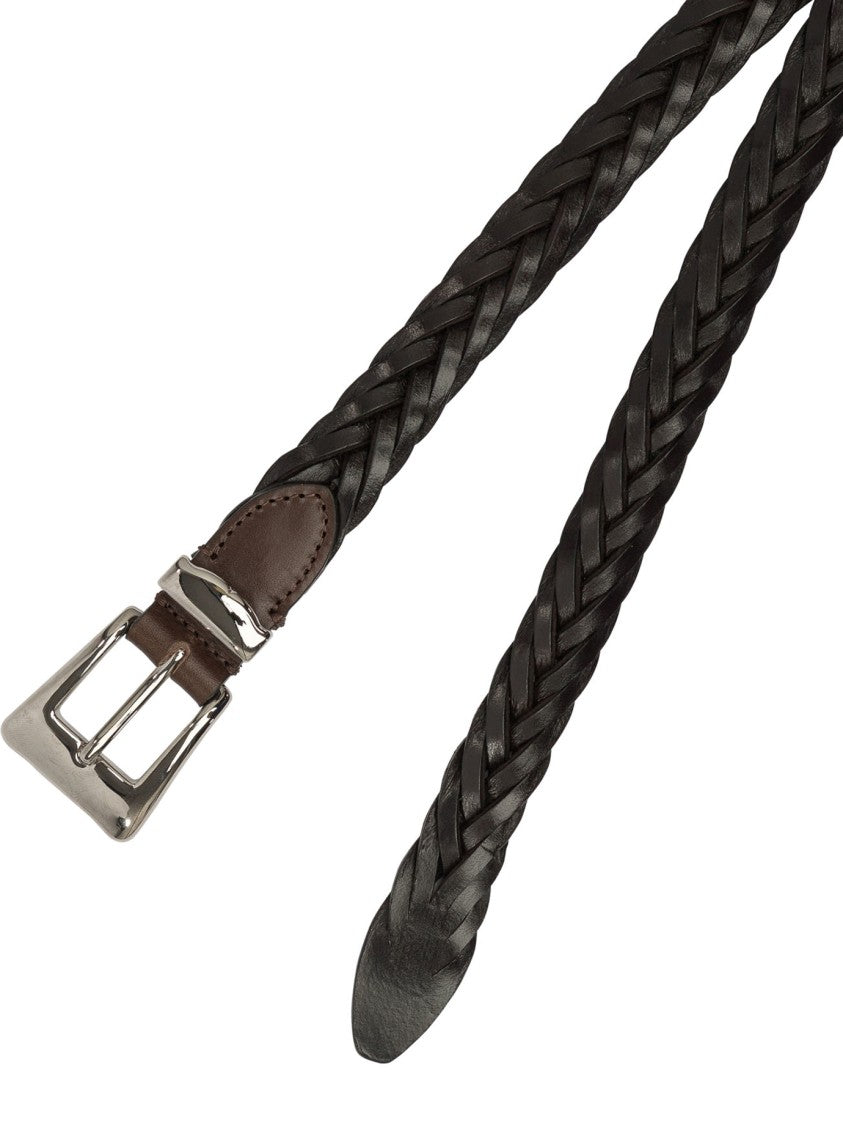 Adriano Meneghetti Braided Leather Belt With Polished Silver-Tone Buckle