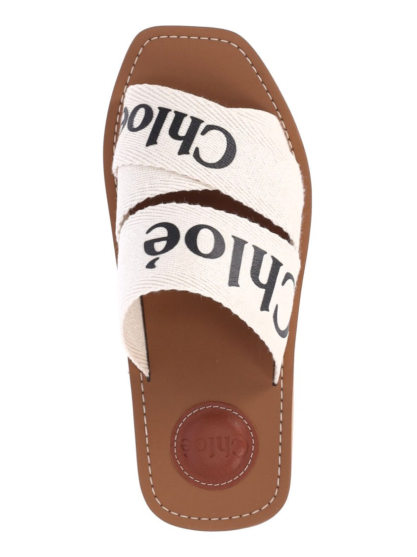 Chloé Slip-On Linen Sandals With Contrast Logo Detailing