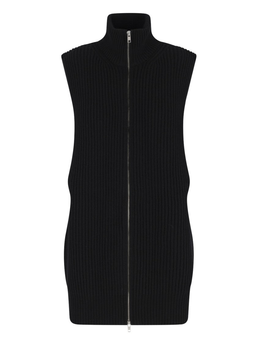 Mm6 By Maison Margiela Ribbed Knit Black Vest With High Collar And Zipper Closure