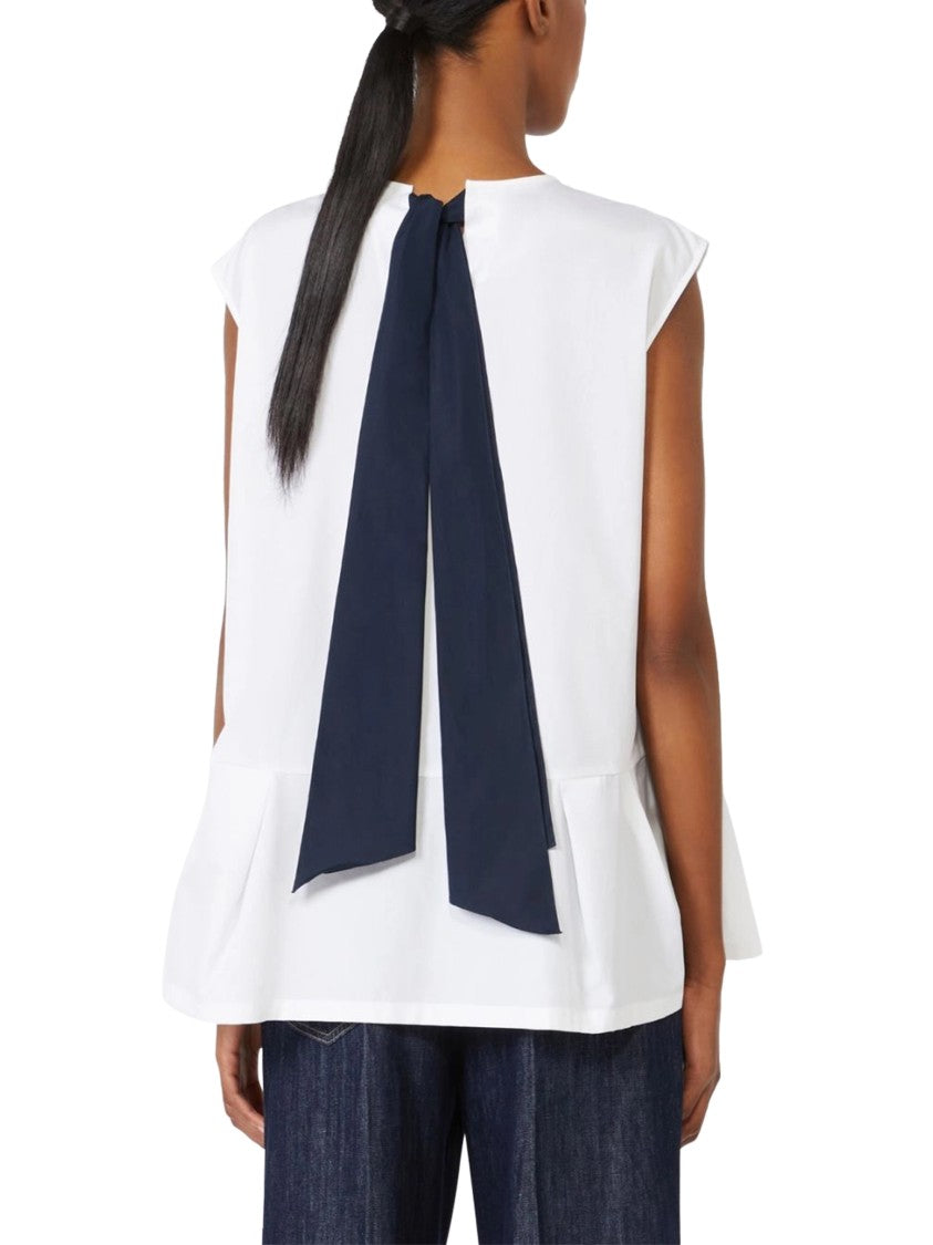 Max Mara Sleeveless White Top With Contrasting Navy Tie Detail