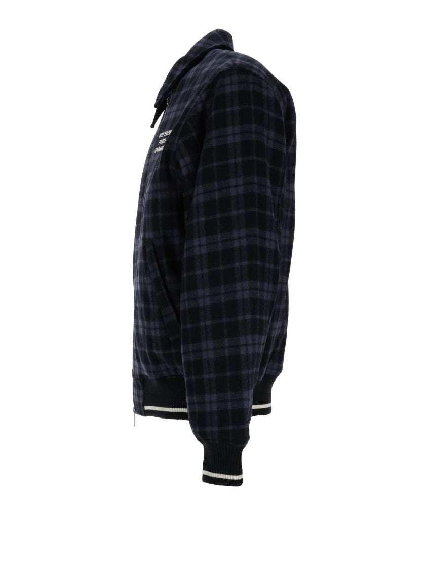 Drôle De Monsieur Navy Check Flannel Slogan Casual Jacket
