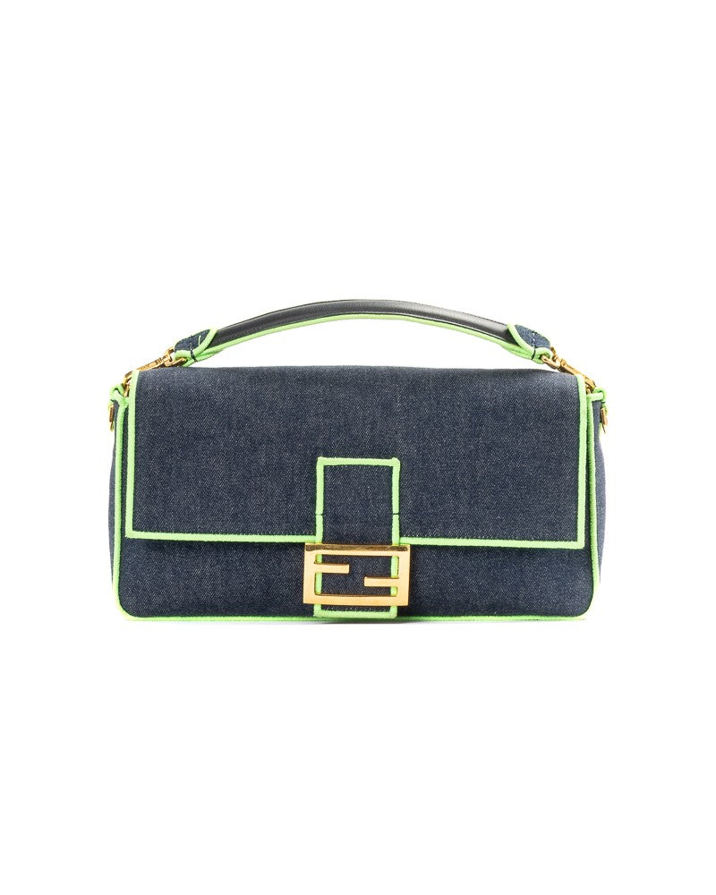 Fendi Blue Denim Baguette Large Fluo Shoulder Bag