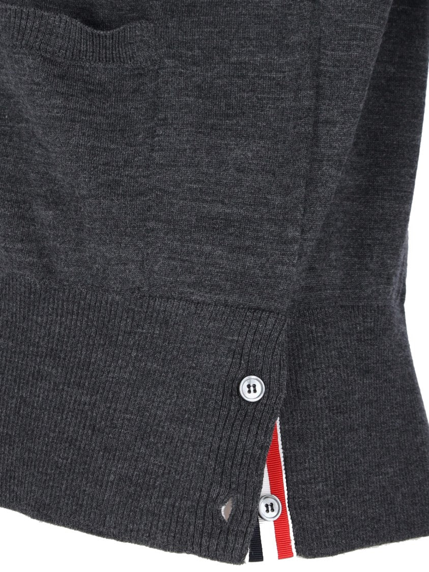 Thom Browne Iconic V-Neck Cardigan In Grey Wool With Signature Stripes