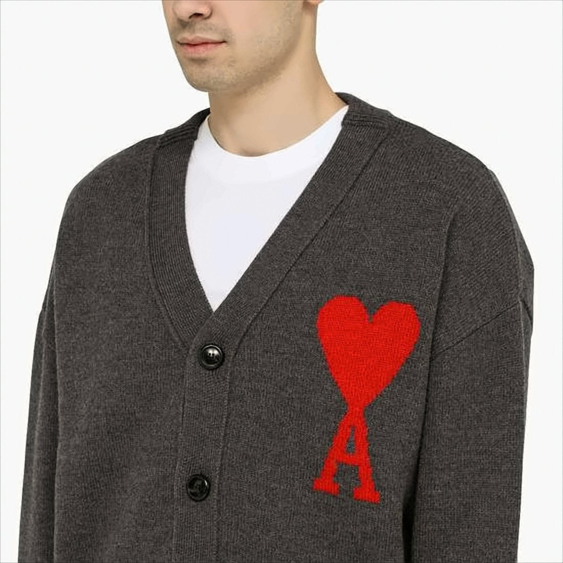 Ami Cardigan With Deep V-Neck And Signature Heart Emblem