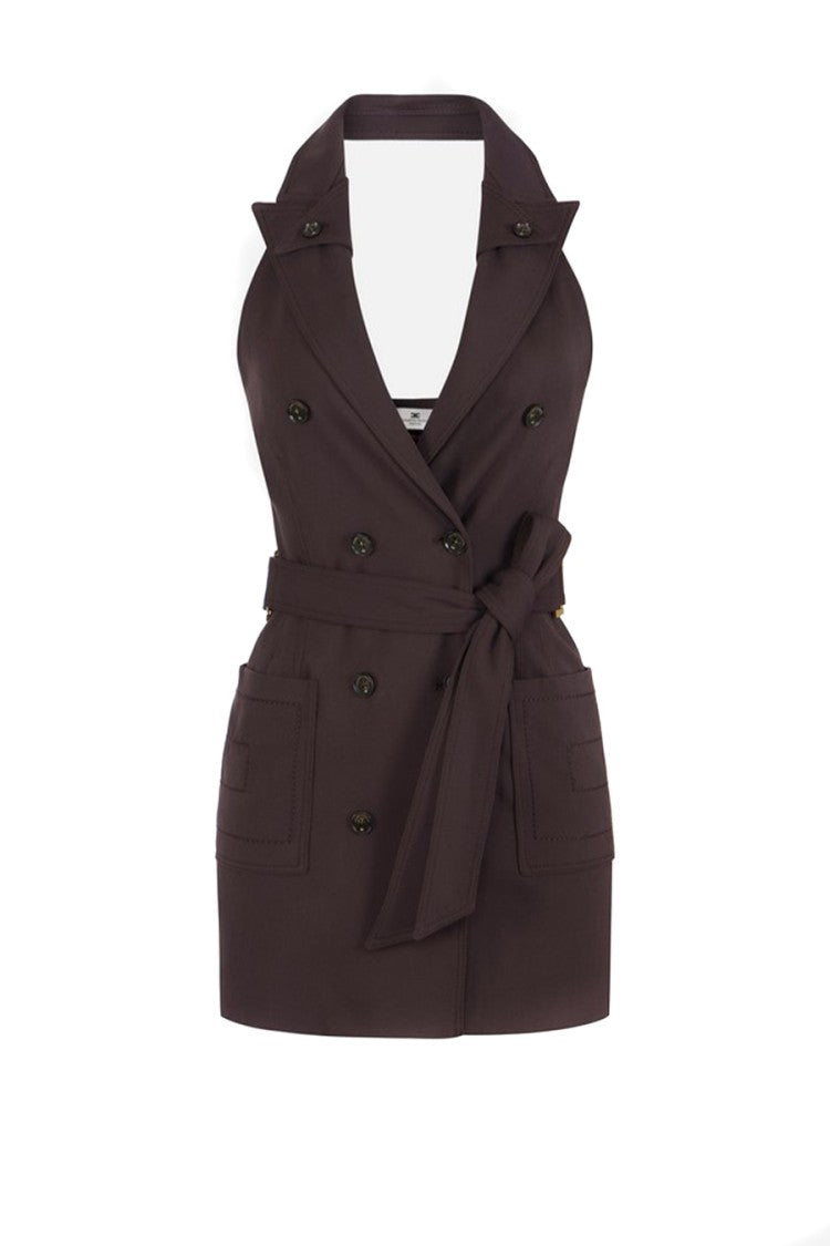 Elisabetta Franchi Brown Double-Breasted Halter V-Neck Viscose-Blend Mini Dress