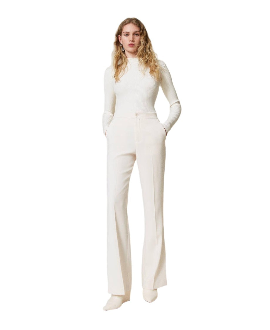 Twin-Set Old White Stretch Crêpe French Pockets Straight-Leg Pants