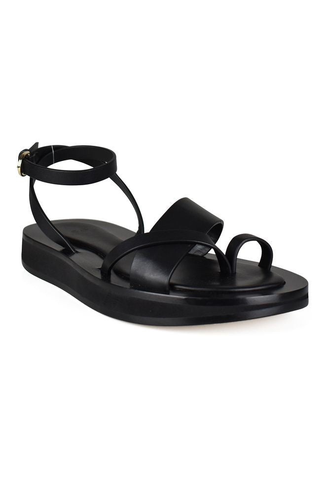 Co Black Leather Flat Sandals With Gold Closure