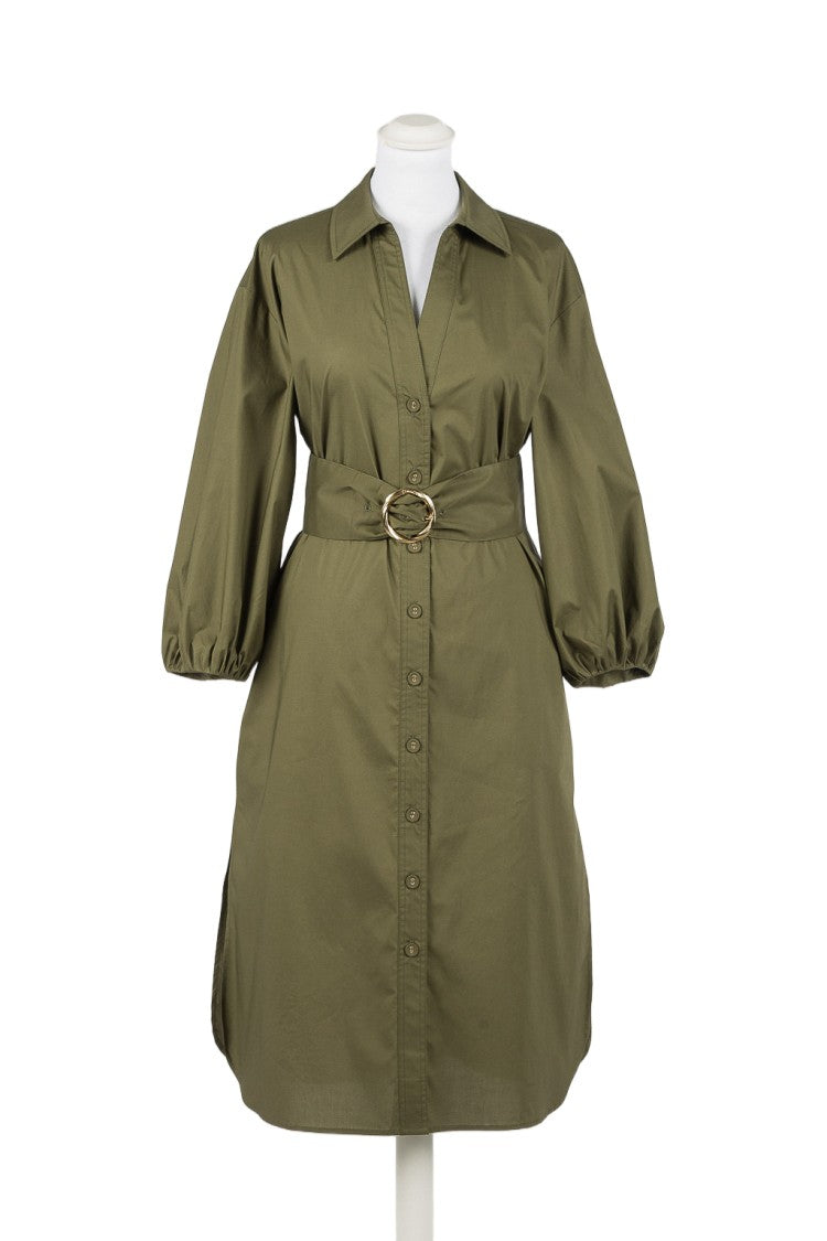 Twin-Set Puff Sleeves Circular Buckle Shirt-Style Dress