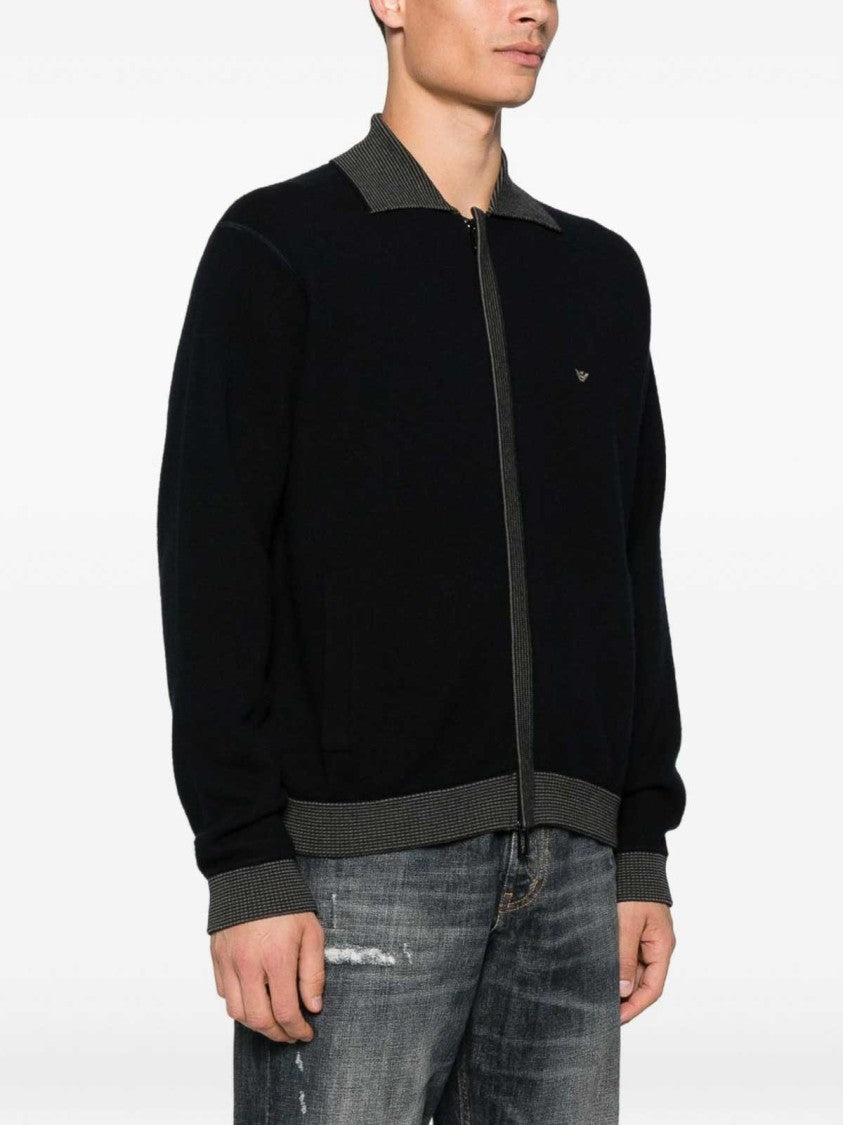 Emporio Armani Black Zip-Closure Sweater With Contrasting Ribbed Trim