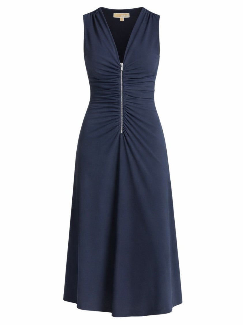 Michael Michael Kors Ruched Recycled Polyester V-Neck Midi Dress